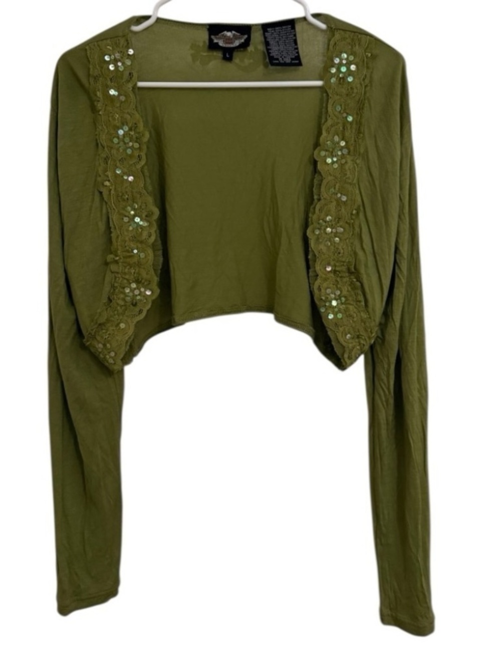 Harley Davidson Y2K 2005 Lace Trim Cropped Cardigan Olive Green Women’s Large